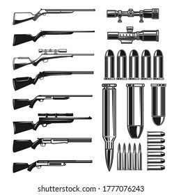 Conjunto de armas de estilo vintage aisladas sobre fondo blanco. Elementos de diseño para logotipo, etiqueta, emblema, signo. Ilustración del vector