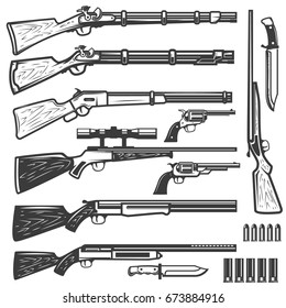 Set of vintage style weapon isolated on white background. Design elements for logo, label, emblem, sign. Vector illustration