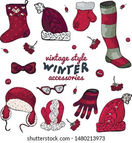 Set of vintage style winter accessories in red and burgundy with 'winter' lettering. Isolated on white for design, custom invitations.  Pacifico OFL font used.