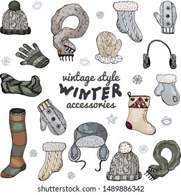 Set of vintage style winter accessories  in grey and beige with "winter" lettering. Isolated  on white for design. Pacifico OFL font used.