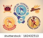 Set of vintage styled bowling tournament labels. Editable vector illustration.