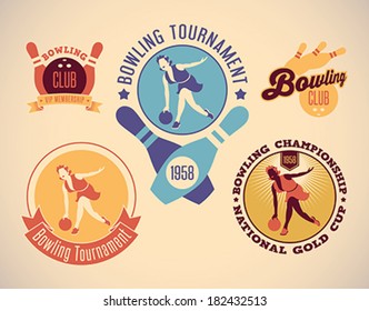Set of vintage styled bowling tournament labels. Editable vector illustration.