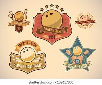 Set of vintage styled bowling tournament labels. Editable vector illustration.