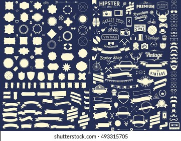 set of vintage styled design hipster icons Vector signs and symbols templates set of phone, gadgets, sunglasses, mustache, ribbons infographcs element and other things