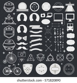 Set of vintage styled design hipster icons. Vector signs and symbols templates for design. phone, gadgets, arrows, ribbons, geometric signs, bicycles, human, etc.