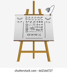 Set of vintage styled design hipster icons on easel. Hand drawn vector stock illustration
