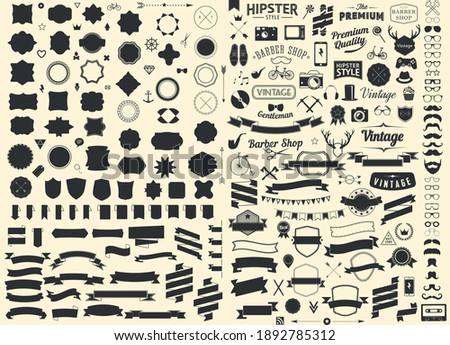 set of vintage styled design hipster icons Vector signs and symbols templates phone, gadgets, sunglasses, mustache, ribbons infographcs element  other things