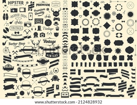 set vintage styled design hipster icons Vector signs and symbols templates phone, gadgets, sunglasses, mustache, ribbons infographcs web element. Wedding frame. Tag. Mailbox Monogram, Basic Shapes,