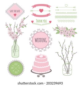 Set of vintage styled design romantic hipster icons and elements with sakura flowers