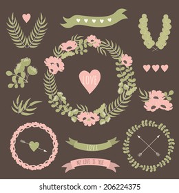 Set of vintage styled design romantic hipster icons and elements