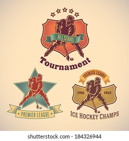 Set of vintage styled ice hockey tournament labels. Editable vector illustration.