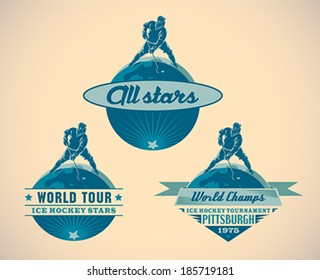 Set of vintage styled ice hockey tournament labels. Editable vector illustration.