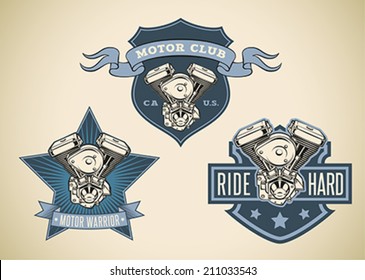 Set Of Vintage Styled Labels With Image Of Motorcycle Engine. Editable Vector Illustration.