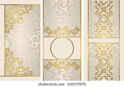 Set of vintage stylish invitations with luxury gold décor  and seamless pastel floral background     