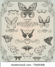 Set of vintage stylized butterflies and design elements