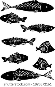 Set or vintage stylized hand carved linocut fish. Isolated vector illustration of black and white fish for wrapping paper and textile designs.