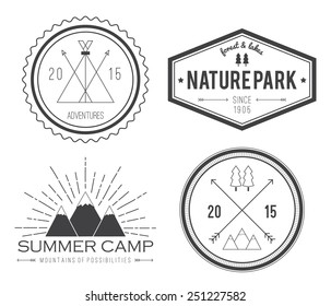 Set of vintage summer camp badges and other outdoor logo's, emblems and labels