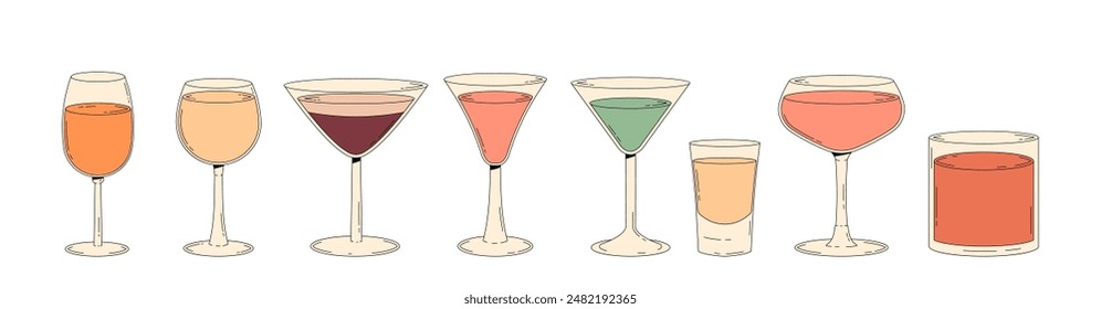 A set vintage summer cocktails. Concept for cafe bar and cocktail lounge. Retro vector illustrations 70s, 80s style