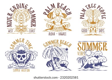 Set of Vintage Summer Hand Drawn T-shirt Design, Mystical Retro Summer Beach Badge Logo Vector Illustration for Print and Art