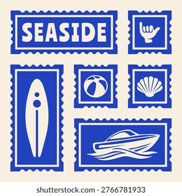 Set of Vintage Summer Ocean Postcard Stamp Elements, Vintage Beach Vibes Print, Tropical Travel Stamp, Vacation Postage Sticker Collection Vector Illustrations for T-Shirt, Scrapbook, Poster