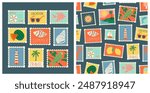 Set of vintage summer post card stamp seamless pattern. Retro style beach vacation postage sticker background illustration. Summertime season mail postmark texture print, postal label wallpaper.