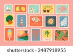 Set of vintage summer post card stamp illustration. Retro style beach vacation postage sticker collection, summertime season mail postmark, tourism postal label.