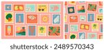 Set of vintage summer post card stamp seamless pattern set. Retro style beach vacation postage sticker background illustration. Summertime season mail postmark texture print, postal label wallpaper.