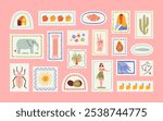 Set of vintage summer post card stamp illustration. Retro style beach travel postage sticker collection, exotic tropical vacation mail postmark, jungle nature postal label clip art.