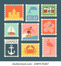 Set of vintage summer post card stamp illustration. Retro style beach vacation postage sticker collection, summertime season mail postmark, tourism postal label.