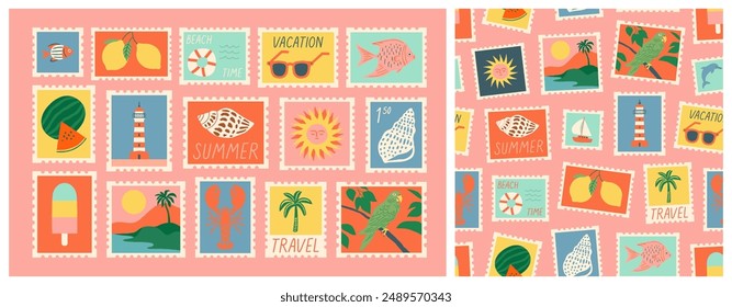 Set of vintage summer post card stamp seamless pattern. Retro style beach vacation postage sticker background illustration. Summertime season mail postmark texture print, postal label wallpaper.