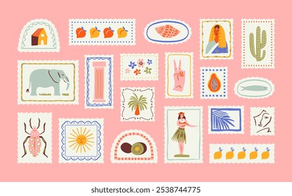 Set of vintage summer post card stamp illustration. Retro style beach travel postage sticker collection, exotic tropical vacation mail postmark, jungle nature postal label clip art.