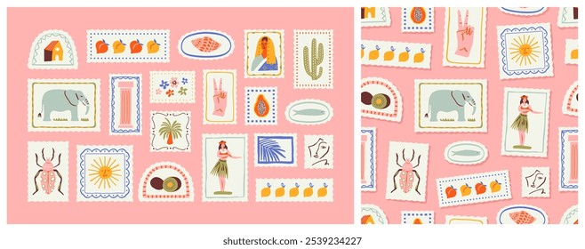 Set of vintage summer post card stamp illustration. Retro style beach travel postage sticker collection with pattern. Exotic tropical vacation mail postmark, jungle nature postal label clip art.