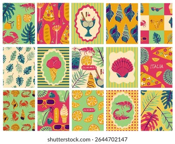 Set of vintage summer post cards. Retro style beach vacation postage sticker background illustration. Summertime season mail postmark texture print, postal label wallpaper.