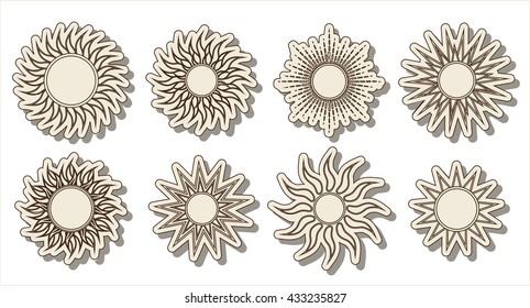 Set of vintage summer suns on the sky, isolated over white. Sun icons collection.