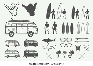 Set of vintage summer surfing design elements in retro style. Vector Illustration. Monochrome Graphic Art.

