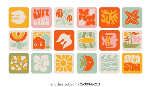 Set of vintage summer tiles with naive natural elements. Retro style beach vacation square stickers collection, summertime sea season labels with hand drawn lettering. Vector simple flat illustration.