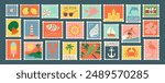 Set of vintage summer travel post card stamp illustration. Retro style beach vacation postage sticker collection, summertime season mail postmark, tourism postal label.