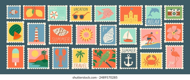 Set of vintage summer travel post card stamp illustration. Retro style beach vacation postage sticker collection, summertime season mail postmark, tourism postal label.