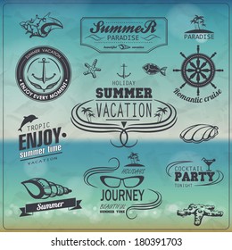Set of Vintage summer typography design with labels, icons elements