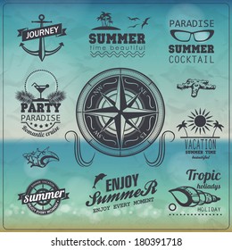 Set of Vintage summer typography design with labels, icons elements