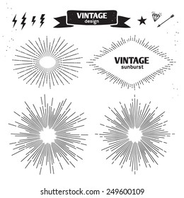 Set of Vintage Sun Burst. Vector monochrome light rays