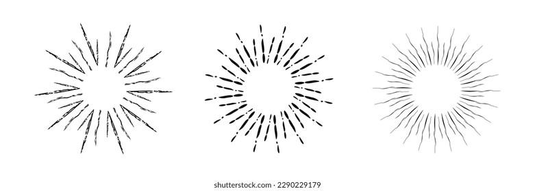 Set of vintage sun explosions. Sunburst frame collection on white background. Radial rays, sunbeams, firework for emblem, logo, tag, stamp, banner. Vector design elements - Shutterstock ID 2290229179