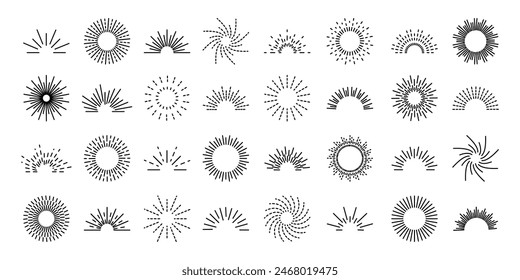 Set vintage sunburst. Bursting rays sunrise firework. Vector illustration