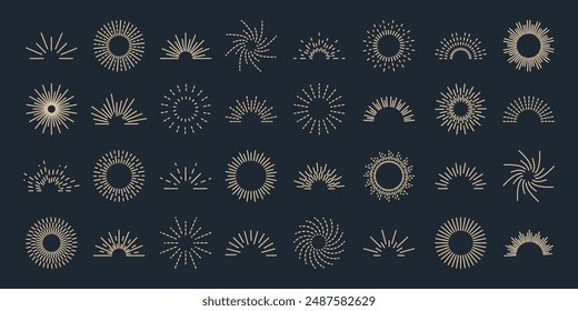 Set vintage sunburst. Bursting rays sunrise firework.