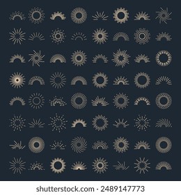 Set vintage sunburst. Bursting rays sunrise firework.