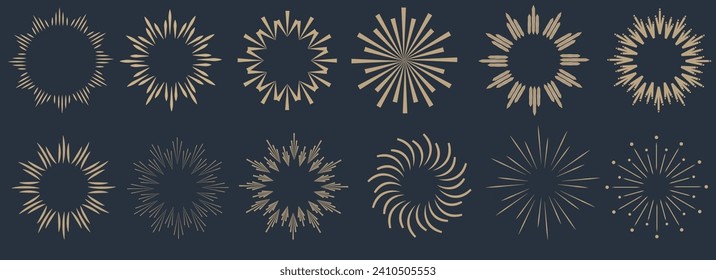 Set von Vintage Sunburst Kollektion. Burstierende Sonnenstrahlen. Fireworks starrst logotype. Radiale Sonnenuntergangsbalken. . Logotype- oder Buchstabendesign-Element.