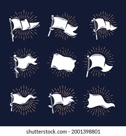 Set of vintage sunburst flags in different shapes