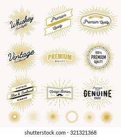 Set of vintage sunburst frame and label design. Vintage light ray sticker and banner collection for premium quality product, handcrafted product. Vector illustration