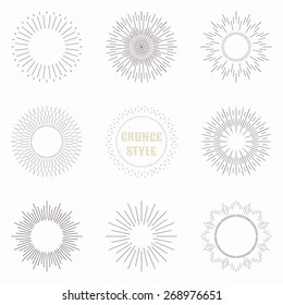 Set of vintage sunburst. Geometric shapes and light ray collection. Hipster style frames. Vector illustration of grunge design.