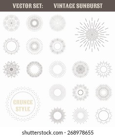 Set of vintage sunburst. Geometric shapes and light ray collection. Hipster style frames. Vector illustration of grunge design.